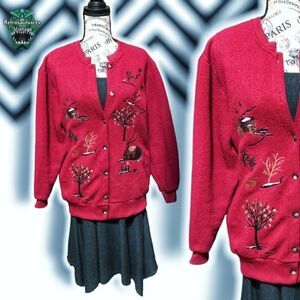 Vintage 1990’s Quirky Twee Autumn Leaves Embroidered Knit Cardigan Sweater, Larg